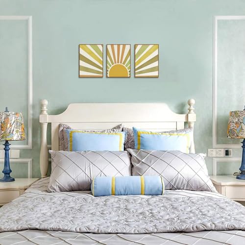 Bwodke Boho Wall Art, Framed Abstract Sunshine Wall Art, Sun Rising Neutral Canvas Wall Decor, Mid Century Geometric Pictures Set of 3, Minimalist Paintings, for Bedroom Living Room Bathroom 12"x16" - color: Sunshine, size: 12"x16"Natural