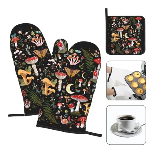 Mushroom Oven Mitts and Pot Holders Sets, Heat Resistant Black Hot Pads Witchy Oven Gloves for Cooking Grilling Baking Kitchen Decor Aesthetic, Witchy Gifts for Women,Mushroom Gifts for Women - color: Mushroom Moth