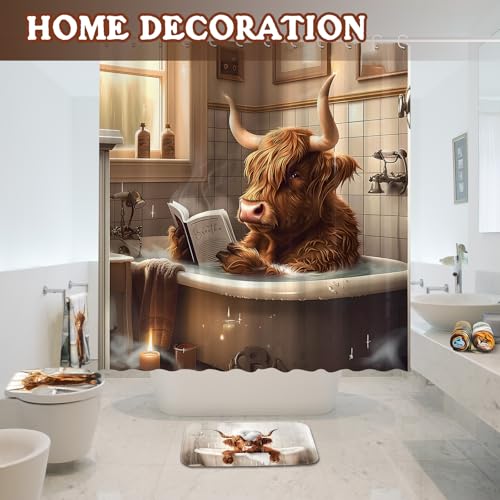 FuWeave 8 Pcs Highland Cattle Shower Curtain Sets for Bathroom Funny Highland Cattle Shower Curtain Sets with Rugs and Cow Towels, Include Non-Slip Rug, Toilet Lid Cover, Bath Mat and 12 Hooks - color: Highland Cattle