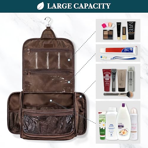 PAVILIA Large Hanging Toiletry Bag for Men Women, Travel Toiletry Organizer with 10 Compartments, Swivel Hook and 3 Leakproof Pockets, Water Resistant Shaving Kit Case, Packs Flat, Brown - color: Brown