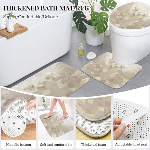 Lnond Beige Bathroom Set, Beige Abstract Cubes Bathroom Accessories Sets Complete, Luxury Restroom Set with Shower Curtain and Rugs, Trash Can, Toilet Brush Holder Set & Soap Dispenser - style: Beige