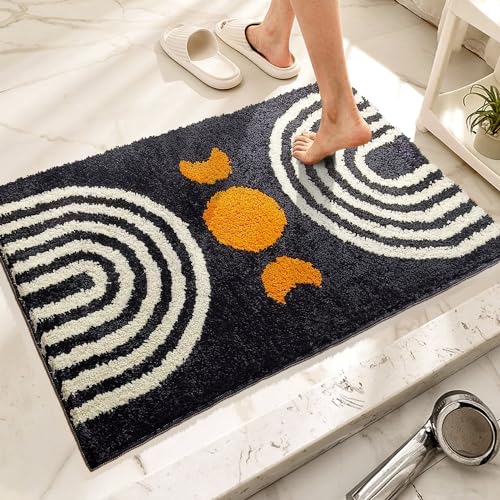Boho Bathroom Rugs Cute Bohemian Bath Rug Non-Slip Microfiber Abstract Bath Mat for Bedroom Small Carpet Home Decor Soft Funny Black Washable Rugs for Kitchen Entryway/Washbainy/Shower 20x32 inch - color: Black, size: 1'8" x 2'8" (Rectangular)