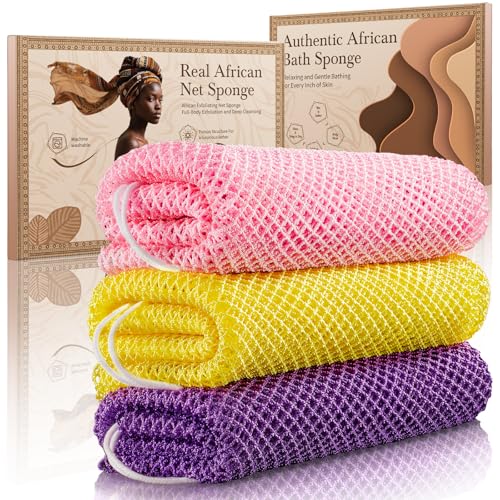 African Net Sponge Authentic 3 Pieces Gentle Exfoliating Body Scrubber Bath Sponges for All Skin Types, African Exfoliating Net Sponge with Handles Washcloth Loofah Bathing Accessories for Shower - style: Yellow, Pink, Purple