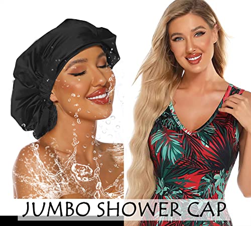 HIUMI Large Shower Cap For Men,Large Shower Cap For Women Long Hair,Reusable Shower Cap for Braids,Dreads,Curls, Locs, Curly，Wave，Hair Cap for Shower,Washable and Adjustable,Black - color: black-black
