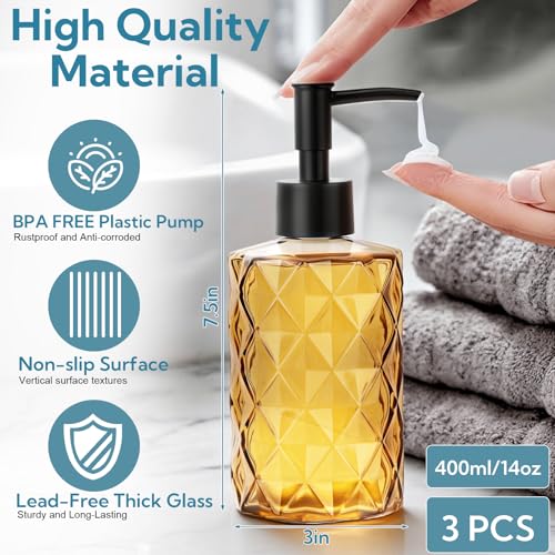 3 Pack Glass Soap Dispenser with Plastic Pump, 12oz Hand Soap Dispenser for Hand Wash, Lotion Dispenser for Dishwashing Liquid, Lotion Shower Gel - color: Orange Diamond*3