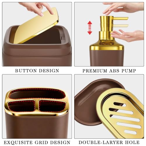 XLHOMO Bathroom Accessories Set - 25PC Bathroom Set with Shower Curtain and Rugs, Brown Bathroom Set, Bathroom Accessory Set with Press-on Lid Trash Can, Soap Dispenser and Qtip Holders - color: Brown & Gold, size: Plaid Complete Set + Bath Rugs