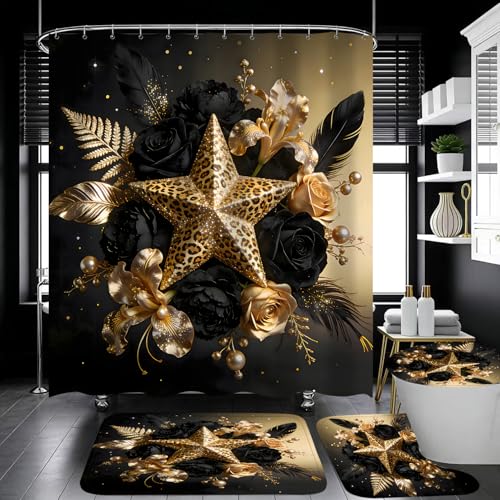 Black and Gold Shower Curtain Sets with Rugs, Luxury Leopard Star Floral Bathroom Decor, 4 Piece African Animal Print Bath Set with Non-Slip Rug, Toilet Lid Cover and Bath Mat, Waterproof Fabric - color: Black Gold Star