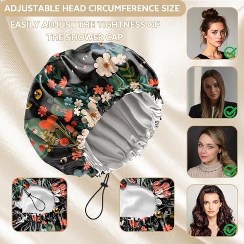 Shower Cap Adjustable Waterproof Double Layer Elastic Reusable Hair Bath Cap Cute Aesthetic for Women Girls-Cat Flower - color: R2-Cat Flower