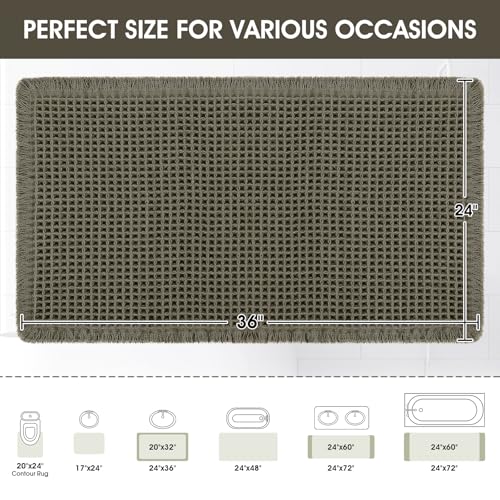 Upgraded Waffle Bath Mat, 36"x24" Greyish Green, Super Absorbent Non-Slip Quick Dry Bathroom Rugs with Tassels, Machine Washable Ultra Soft Boho Bath Rugs for Floor, Toilet Mats Boho Farmhouse Decor - color: Greyish Green, size: 2' x 3' (Rectangular)
