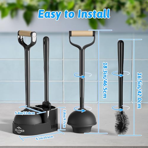 Sellemer Toilet Brush and Plunger Set, Curved Head Deep Clean, Black 2 Pack | Brush and Plunger set, Curved Nylon Bristles for Deep Clean, Strong Suction Plunger, Ventilated Holder for Quickly Air Dry - color: Black