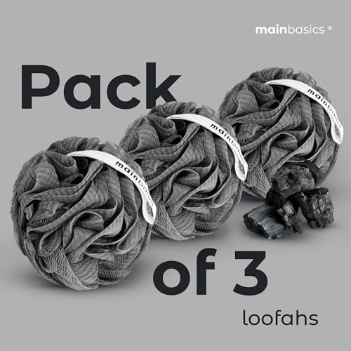 MainBasics Shower Loofah Sponge Pouf, Set of 3, Charcoal Infused | Soft Mesh Body Scrubber and Bath Sponge for Gentle Exfoliation, Rich Lather, and Everyday Shower Use - style: Charcoal