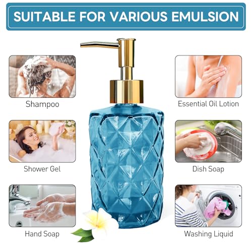 Blue Glass Soap Dispenser, Bathroom Shower & Shampoo Dispenser, Foam Hand Soap Dispenser with Gold Pump,11Oz/330ml Refillable Kitchen Dish Soap Bottle for Home Hotel - color: Blue&gold