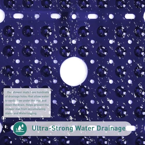 Large Square Shower Mat 27 x 27 Inch Navy Blue, Non Slip Shower Bathtub Mats for Inside Shower with Big Suction Cups Drain Holes, Anti Slip Bathroom Floor Stall Mats, Easy Clean, BPA-Free - color: Navy Blue