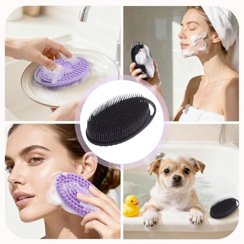 2 Pack Silicone Body Scrubber, Exfoliating Shower Scrubber for All Skin | 2 in 1 dual-sided design, soft bristles and massage bumps side, fast-drying, non-slip handle, for women and men, Black+Purple - color: Black&purple