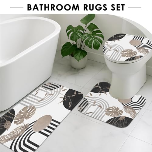 Boho Grey Shower Curtain Set with Toilet Lid Cover and Non-Slip Rugs, Abstract Leaf Minimalist Neutral 4 Pcs Modern Minimalist Vintage Shower Curtain for Bathroom Set with 12 Hooks - color: Grey 2