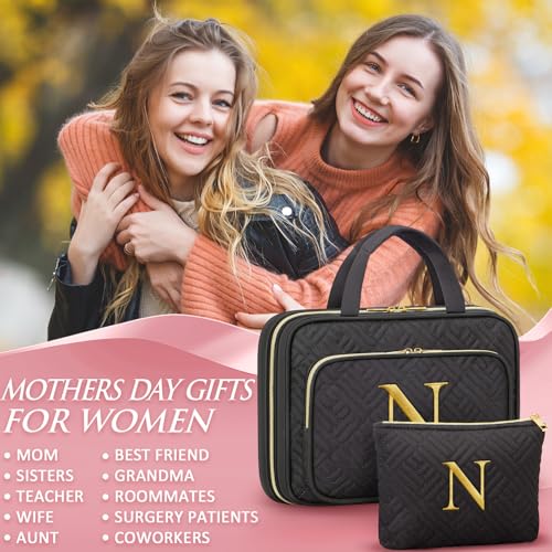 Gifts for Women, Initial Toiletry Makeup Bag Hanging Cosmetic Organizer with Embroidery Letter Personalized Nurse Teacher Appreciation Birthday Mothers Day Gifts for Mom Sister Wife Friends Auntie Her - style: N