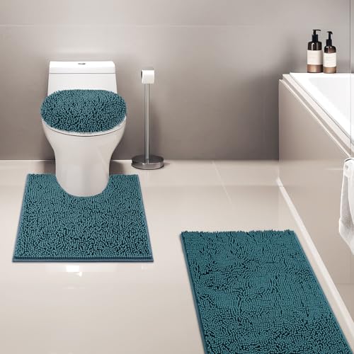 Bathroom Rugs Sets 3 Piece with Adjustable Toilet Seat Cover 19.5"x 18.5" Machine Washable Bath Rug Set with TPR Non Slip Rubber Backing Solid Bath Mat Set for Luxury Bathroom Decoration - color: Fog Blue