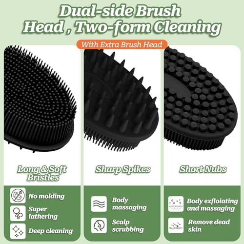 Silicone Face & Back Scrubber Set, Manual Face & Body Scrubber Exfoliator with Soft Bristles and Non-Slip Handle, Back Brush Bath Brush with 2 Detachable Brush Heads(3PCS Black Set) - color: 3*black Set