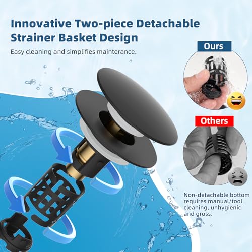 Hibbent Upgraded 3 in 1 Bathroom Sink Drain Strainer, Pop Up Sink Stopper with Big Push Cap, Anti-Clogging Metal Filter Basket,Sink Plug with Hair Catcher for 1.1''~2.36'' Basin, Matte Black - color: Matte Black