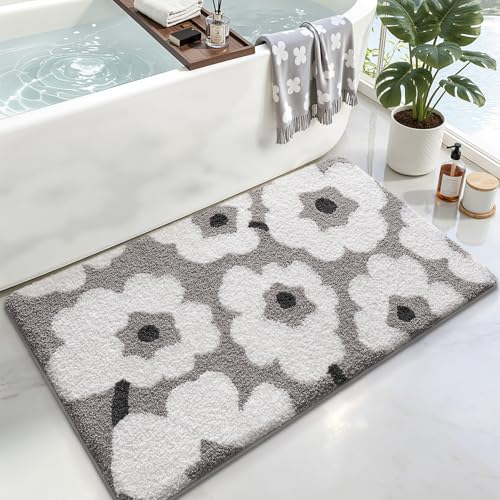 LUMI Bathroom Rugs Cute Floral Design, Soft Absorbent Microfiber Bath Mat Non-Slip, Machine Washable Quick Dry Grey Luxury Rug Flower for Floor, Bathtub, Home Decor, 24"x36" - color: C-white Flower, size: 24"x36"