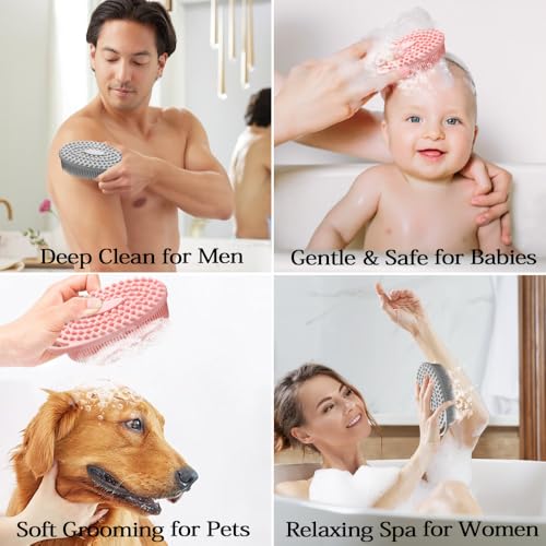 2 Pack Silicone Body Scrubber with Loofah Exfoliating Soft Shower Scrubber for Body, 2 in 1 Bath and Shampoo Wash Brush for Skin Exfoliation Men Women (Grey&Pink) - size: Grey&Pink