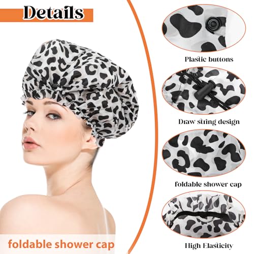 2 Pcs Large Shower Cap for Braids, Extra Long Shower Cap for Women Long Hair & Locs, Waterproof Hair Bonnets for Dreadlocks Drawstring Bath Caps for Women & Men (Black, Cow Print) - color: Black, Cow Pattern