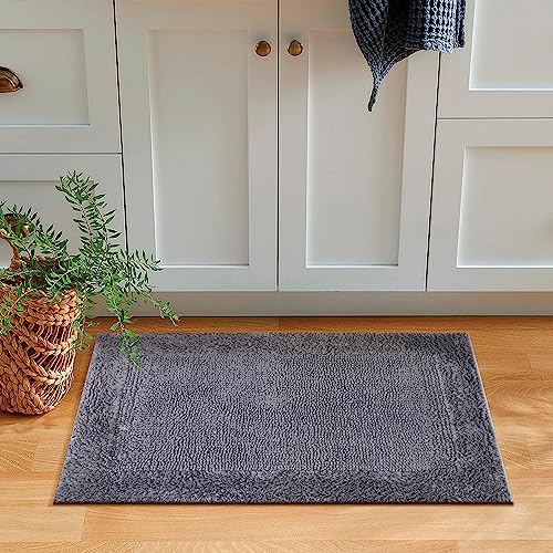 Bath Mat Rug 17x24" Rectangle Charcoal Grey, 100% Pure Cotton, Super Soft Reversible Bath Rug For Bathroom, Plush & Absorbent, Hand Tufted Heavy Weight Construction, Full Reversible Step Out Rugs - color: Charcoal Grey, size: 1'5" x 2' (Rectangular)