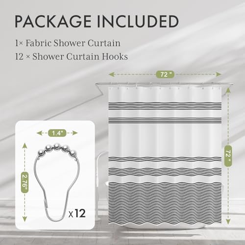 AmazerBath Shower Curtain, Washable Cloth Black Shower Curtain Sets with 12 Shower Curtain Hooks, Fabric Rustic Black and White Striped Curtain, Farmhouse Bathroom Curtains, 72x72 Inches - color: A- Black Stripe +12 Metal Hooks, size: 72"W x 72"L (Pack of