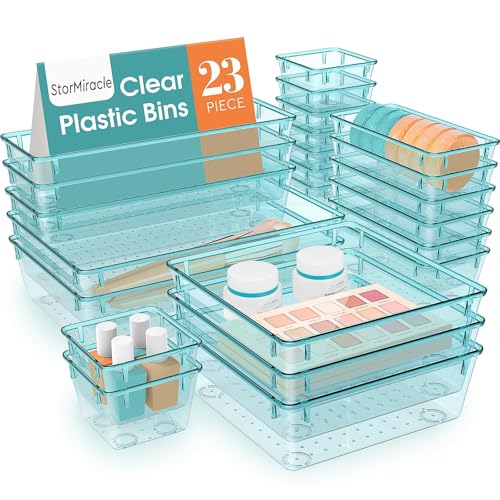 StorMiracle 23 PCS Drawer Organizer Set, 5 Varied Size Bathroom and kitchen Drawer cabinet organizer Trays, Clear Storage Bins for Makeup, Jewelry, Utensils and Gadgets - color: Sea Blue, size: 23 PCS
