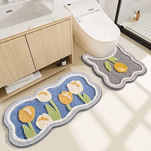 Toilet Bath Rug, U-Shaped Non-Slip Toilet Rug, Flower Rug for Bathroom Floor Soft Plush Microfiber Mat Super Absorbent Washable Bath Shower Mat, 19.5 x 21.5 Inches, Grey - color: Grey