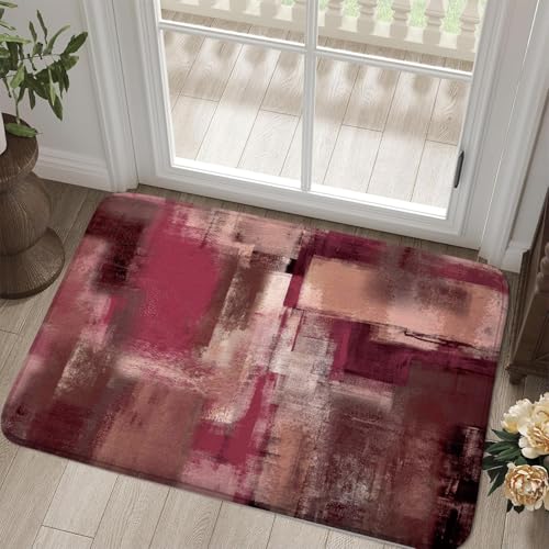 Burgundy Red Abstract Bath Rug, Modern Art Grey Brown Rust Painting Bath Mat Sets for Bathroom, Soft Non Slip Floor Rugs 17X29 Inch - color: Burgundy Red
