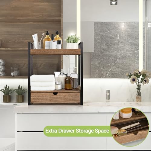 Ukonvi 2-Tier Bathroom Organizer Countertop with Drawer, Wood Counter Shelf for Storage, Vanity Tray for Organization and Decor, Countertop Organizer for Bathroom, Kitchen, Office (Dark Brown) - color: Dark Brown