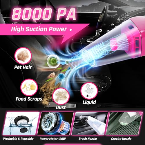 55PCS Pink Car Detailing Kit Interior Cleaner with High Power Handheld Vacuum, Car Wash kit with Detailing Brush Set,Car Interior Detailing Kit,Car Accessories for Cars,Gifts for Women - color: Pink