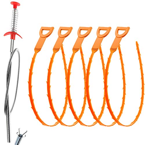 Drain Clog Remover Snake Tool for Hair and Debris, Unclog Toilet, Sink, Shower, Bathtub, Sewer - color: Orange 6+1