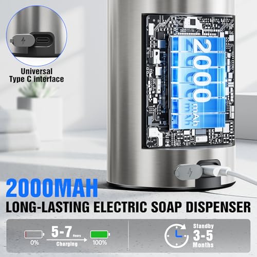 Fantictas Touchless Foaming Soap Dispenser, Stainless Steel Automatic Foam Soap Dispenser, USB-C Rechargeable Sensor Pump with 3 Adjustable Levels, 11.5 oz for Bathroom & Kitchen - color: Stainless Steel, style: Foam