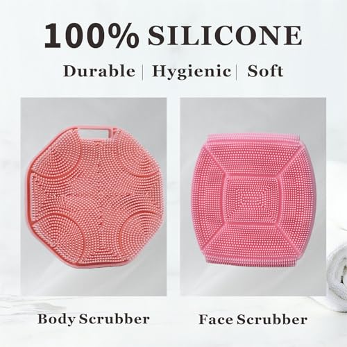 Silicone Body Scrubber & Face Scrubber Set, Shower Scrubber with Soft Bristles, Non-Slip Scrubbies for Body, Face Scrubber Exfoliator for Sensitive Skin (Pink+Pink) - color: Pink+pink