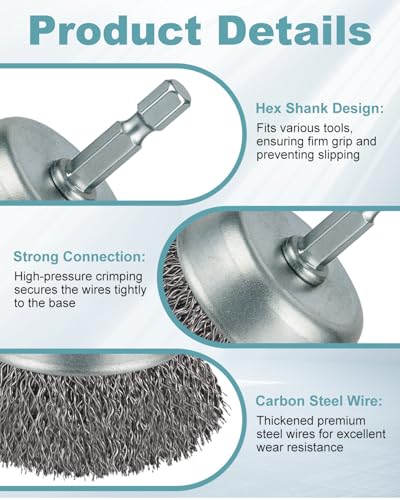 10 Pcs Wire Brush for Drill, Coarse Carbon Steel Crimping Wire Wheel Brush, 1/4 Inch Hex Shank, Cup Brush Drill Bit for Cleaning Rust, Stripping and Abrasive