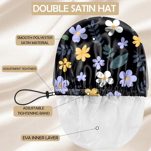 Shower Cap Adjustable Waterproof Double Layer Elastic Reusable Hair Bath Cap Cute Aesthetic for Women Girls-Purple Flower - color: R6-Purple Flower