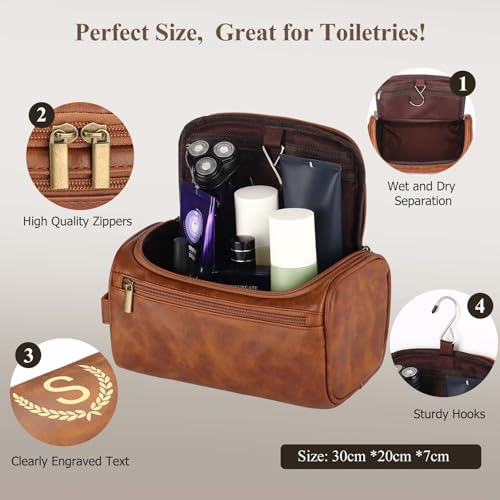 OXYEFEI Personalized Toiletry Bag for Men,Personalized Gifts for Men,Engraved Initial PU Leather Mens Toiletry Travel Shaving Travel Essentials Toiletries Bag for Him Birthday (K, Light Brown) - color: Light Brown, style: K