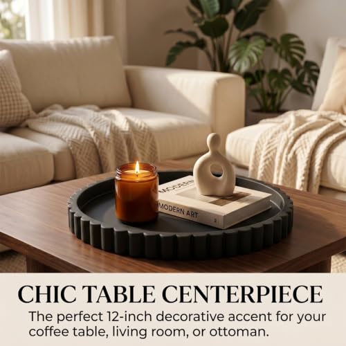 Round Silicone Vanity Tray Matte Black 12 Inch Scalloped Organizer | Decorative Tray for Bathroom Counter, Perfume Candle Soap Makeup Vanity Centerpiece Dresser Living Room Decor-12 x 12 x 0.8" - size: 12"