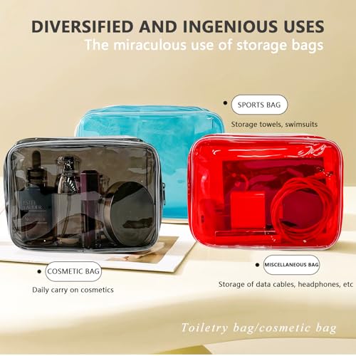 Neon TSA Approved Clear Toiletry Pouch, 7"x2.3"x4.7" Size, PVC Travel Makeup Bags for Toiletries, Transparent Cosmetic Bag for Women and Men Small (black+clear+red+blue+dark red) - color: black+clear+red+blue+dark red