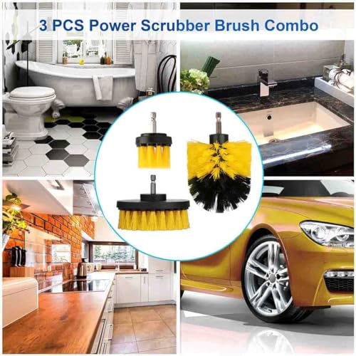 3-Pack Home Cleaning Drill Brush Set for Flooring, Tile, Grout, Kitchen & Bathroom Also Used for Car Detailing Tire, Engine Cleaning Brush Set Durable (Yellow)