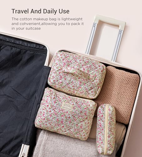 HBselect Quilted Makeup Bag, 3PCS Cotton Large Travel Makeup Bag, Cute Floral Coquette Make up Bag Cosmetic Bag Toiletry Bag for Women Girls - color: A-3PCS-Floral 19