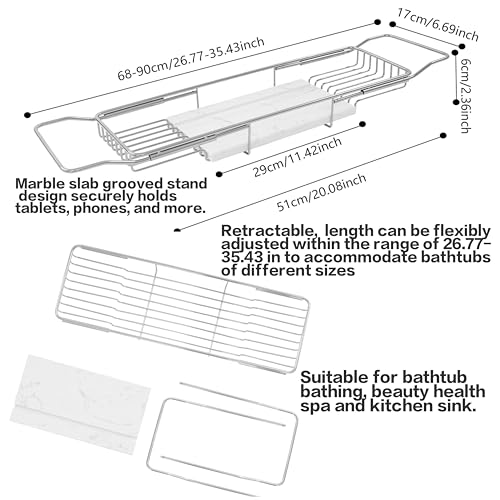 Expandable Bathtub Tray Caddy Shelf with Marble Table Mobile/Tablet Stand, Luxury Bath Tub Tray Rack, Bathroom Home Spa Shower Accessories Perfect Relaxing Spa Gifts for Women and Towel - color: Silver Rack+white Marble Board