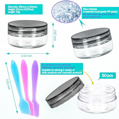 50 Pack 10g Plastic Jars with Lids, 10ml Round Clear Cosmetic Containers Makeup Jars, 10gram Travel Size Container Jar with Spatulas for Makeup Sample Lotion Cream Ointment Salve Balm Powder - color: Black, size: 10g