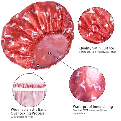 4 PCS Shower Cap for Women, Elastic and Reusable Bath Caps, Double Layers Shower Caps Reusable Waterproof, Bathing Shower Caps, Environmental Bath Hair Protection Cap - Chrismas Pattern - color: Chrismas Pattern 4 PCS/Set