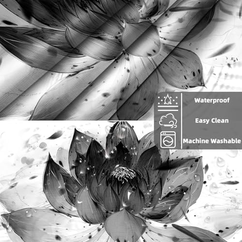 Black and White Lotus Hookless Shower Curtain with Liner, 71"x74" | Zen Spa Design, No Hook Ringless, Snap in Liner, Window, Waterproof Cloth Fabric - color: Ink Water, size: 71"W x 74"L (Pack of 1)