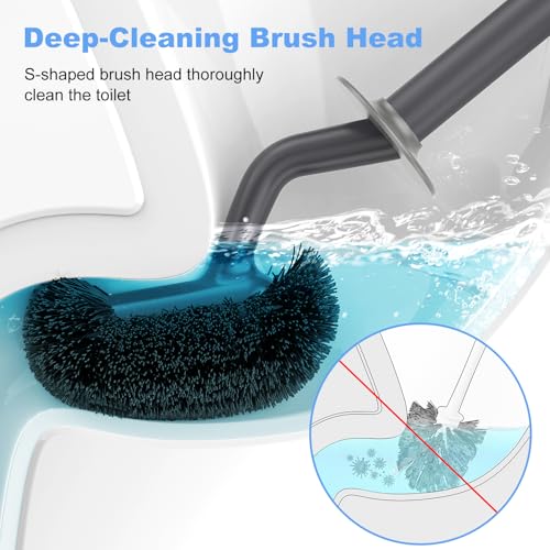 HAMITOR Toilet Bowl Brush Holder Set: Curved Design with Holder for Deep Cleaning Under Rim - Compact Hidden Scrubber for Small Space - Modern RV Bathroom Accessories - Gray - color: Gray
