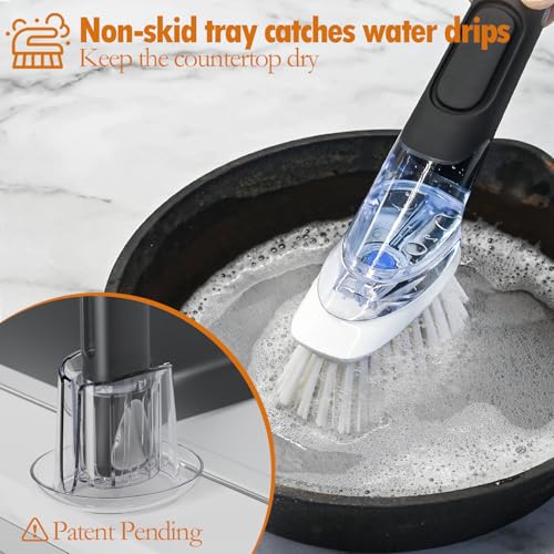 Soap Dispensing Replacement Dish Brush Storage Set with 2 PCS Brush Refills & Holder - RIMAY Dispenser Scrub Cleaning Scrubber Kitchen Dishwashing Dish Wand Handle for Dishes/Pans/Pots/Sink(Black) - color: Black