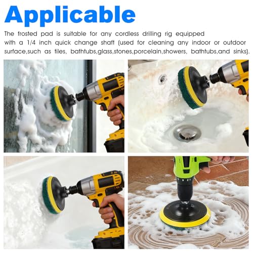 4-Inch Scrub Drill Brush Power Scouring Pads Household Cleaning Set 4 Red Pads 4 Green Pads 1 Drill Attachment and 1 Universal Shaft for Kitchen Bathroom Tiles Bathtubs Glass Porcelain